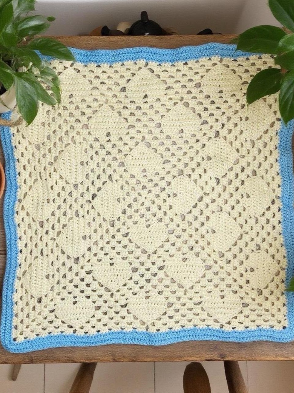 Vintage Handmade Light Yellow Cream Blue Heart Table Runner Decor Small Blanket